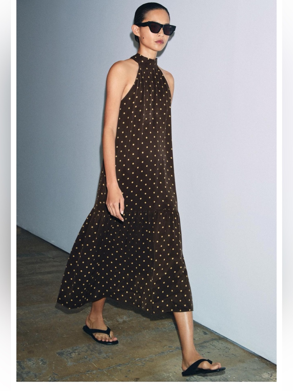 Zara Brown Maxi Dress with Gold Polka Dots